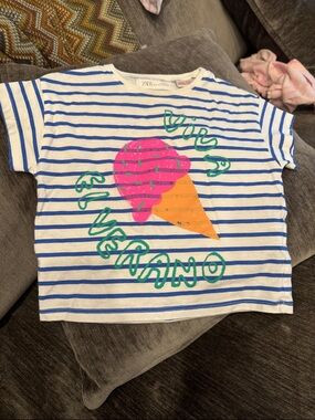 Zara White & Blue Striped Tee with Pink Ice Cream Graphic